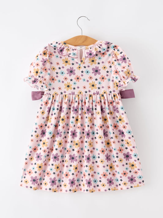 Halloween Thanksgiving Pumpkin Floral Bow Girls Dress -