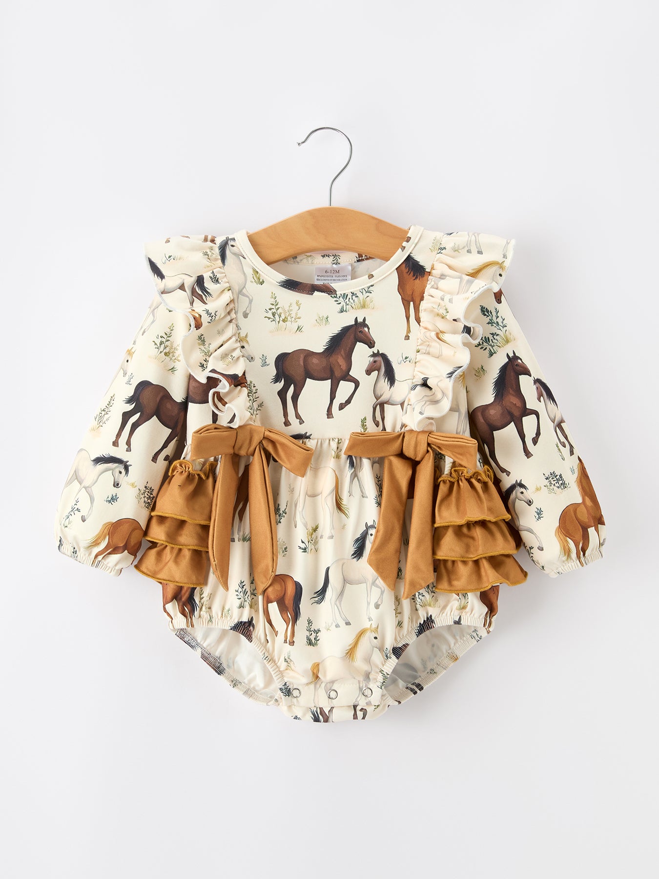 Western Horse Girls Romper Bow Ruffle Long Sleeve -