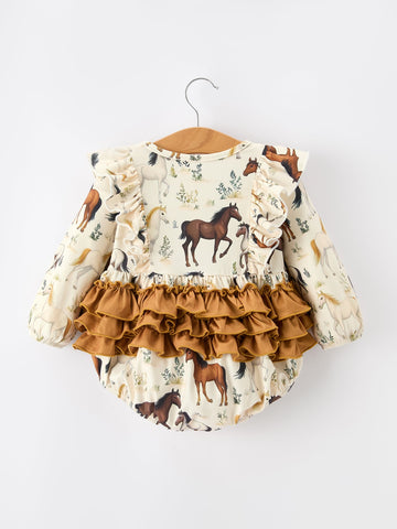 Western Horse Girls Romper Bow Ruffle Long Sleeve -