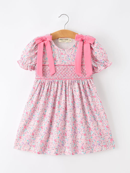 Pink Bow Smocked Floral Girl Dress -