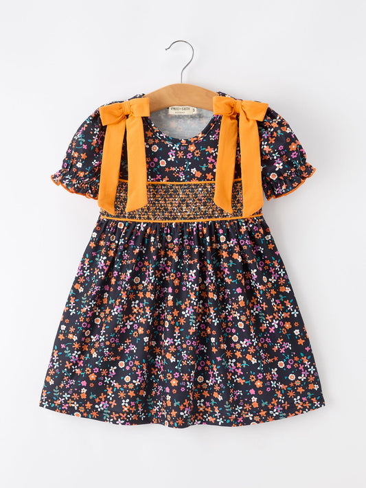 Fall Orange Bow Smocked Floral Girl Dress -