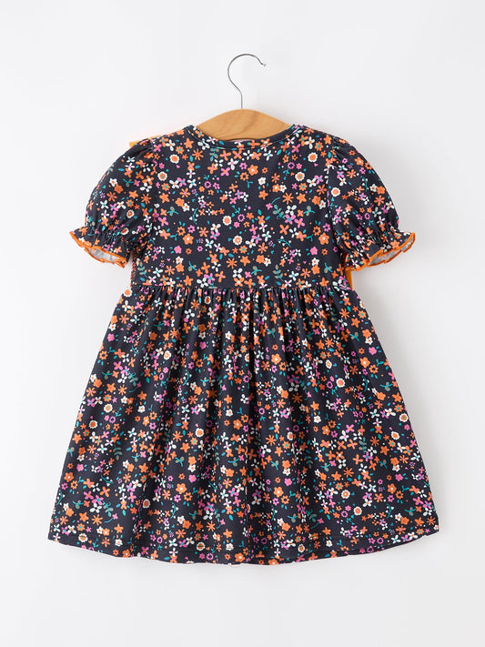 Fall Orange Bow Smocked Floral Girl Dress -