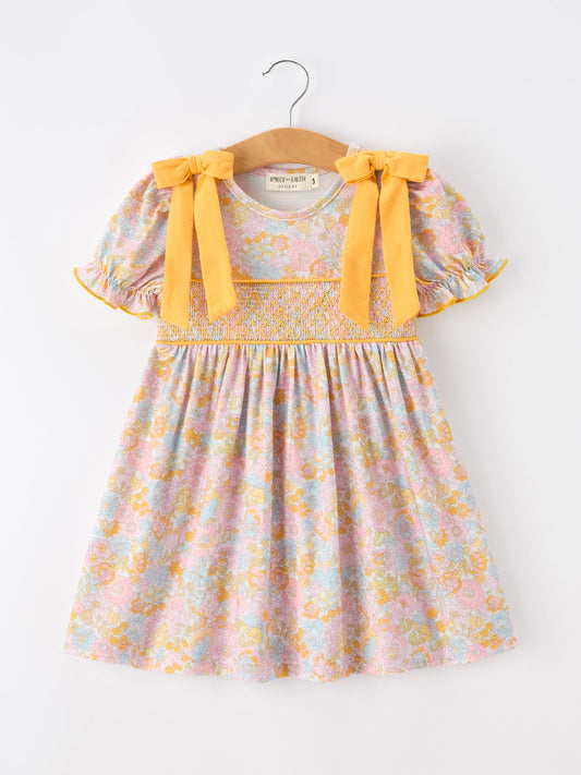 Yellow Bow Smocked Floral Girl Dress -
