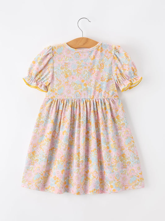 Yellow Bow Smocked Floral Girl Dress -