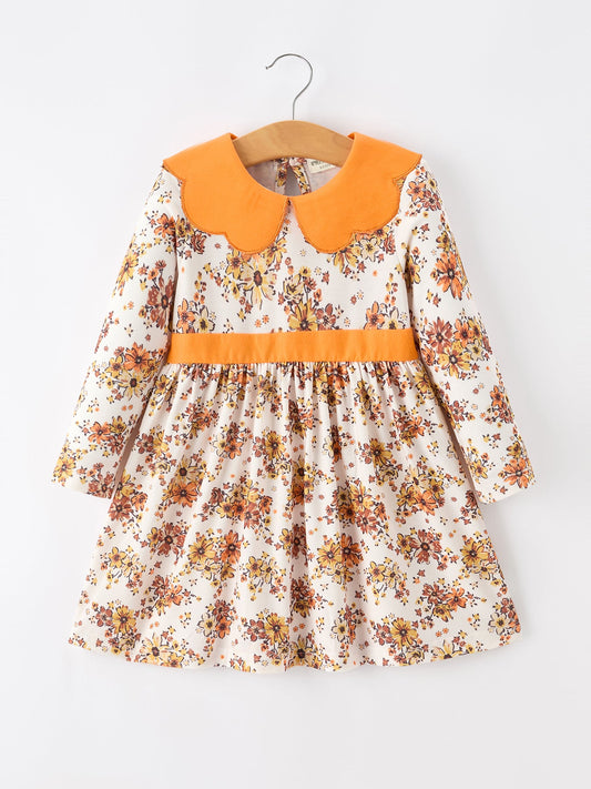 Fall Orange Floral Girl Dress Petals Collar -