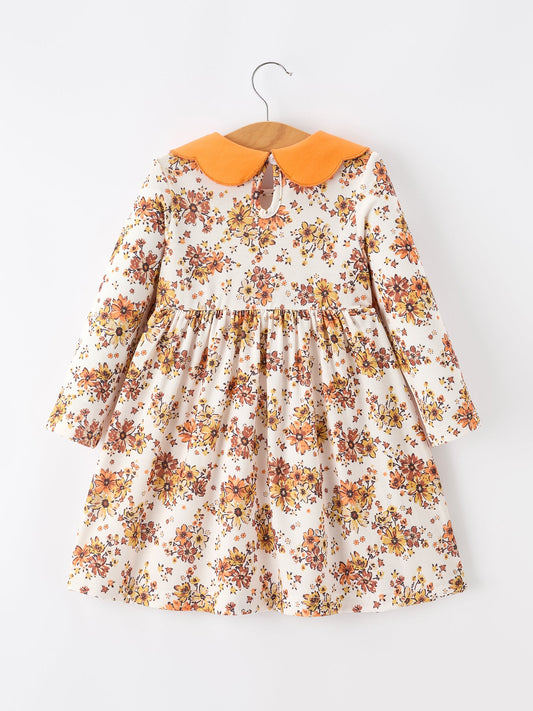 Fall Orange Floral Girl Dress Petals Collar -