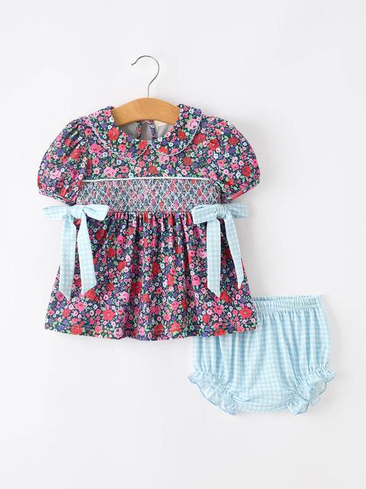 Blue Bow Floral Smocked Girl Bloomer Set -