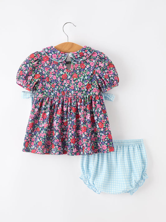 Blue Bow Floral Smocked Girl Bloomer Set -