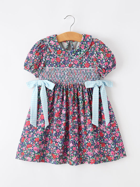 Blue Bow Smocked Floral Girl Dress -