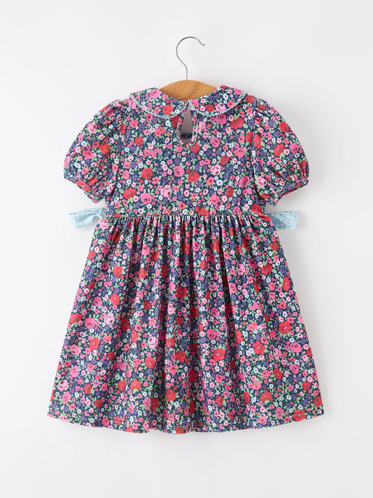 Blue Bow Smocked Floral Girl Dress -