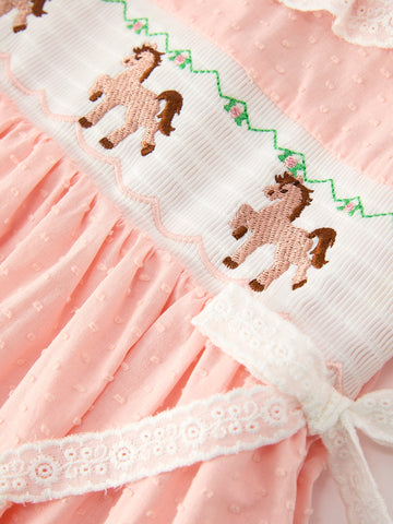 Western Horse Embroidery Girls Dress Lace Petals Collar Puff Sleeve