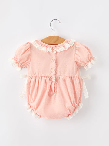Western Horse Embroidery Girls Romper Lace Petals Collar Puff Sleeve