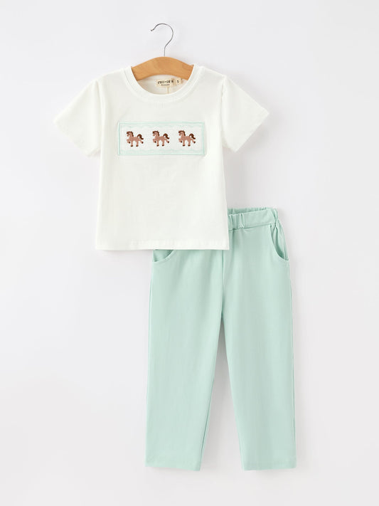 Western Horse Embroidery Boys Set T Shirt Pants Outfit -