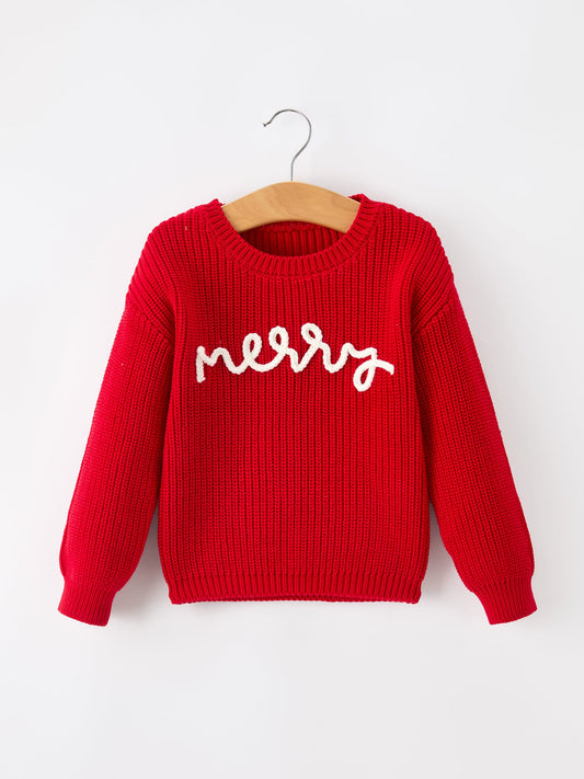 Red Christmas Girls “merry” Pullover Sweater -