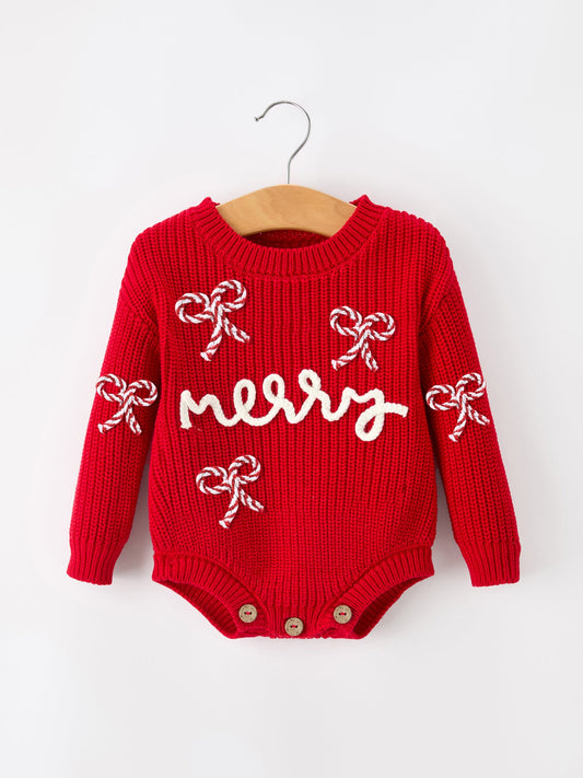 Christmas Candy Cane Merry Knit Baby Romper -