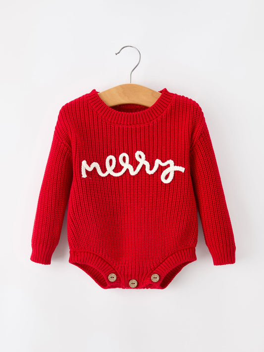 Red Christmas Girls “merry” Knit Baby Romper -