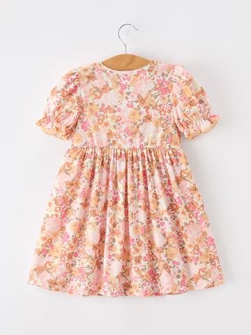 Peach Bow Smocked Floral Girl Dress