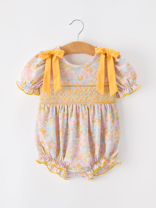 Yellow Bow Smocked Floral Baby Bubble -