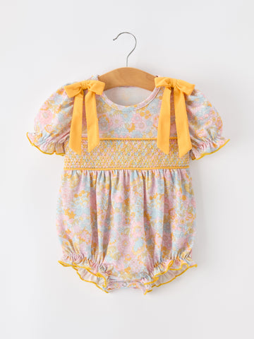 Yellow Bow Smocked Floral Baby Bubble
