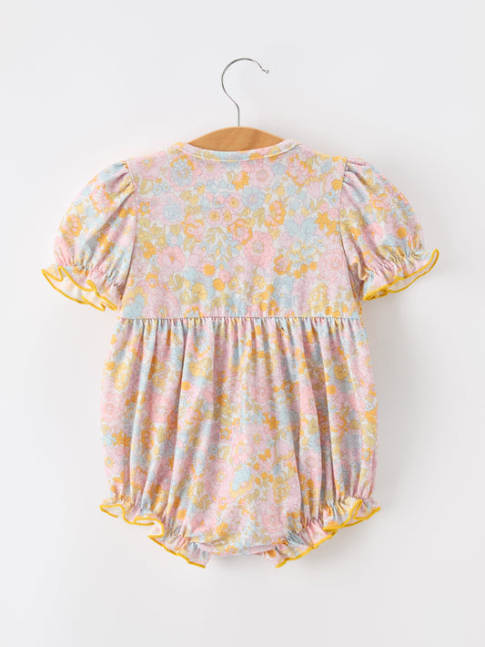 Yellow Bow Smocked Floral Baby Bubble -