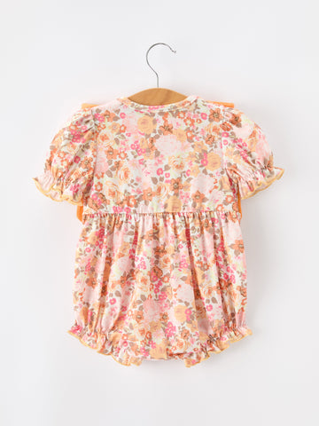 Peach Bow Smocked Floral Baby Bubble