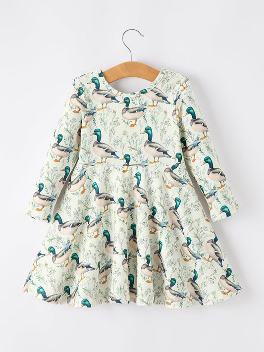Girls Duck Print Dress Long Sleeve Twirl Dress -