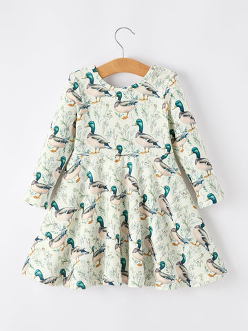 Girls Duck Print Dress Long Sleeve Twirl Dress