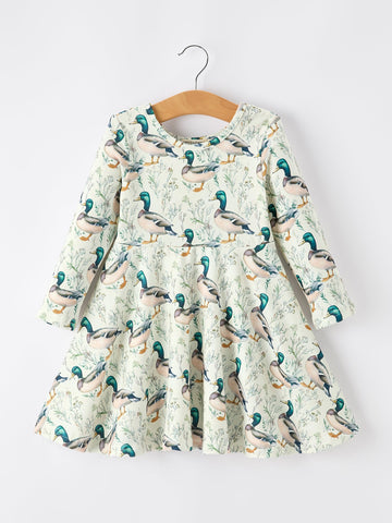 Girls Duck Print Dress Long Sleeve Twirl Dress