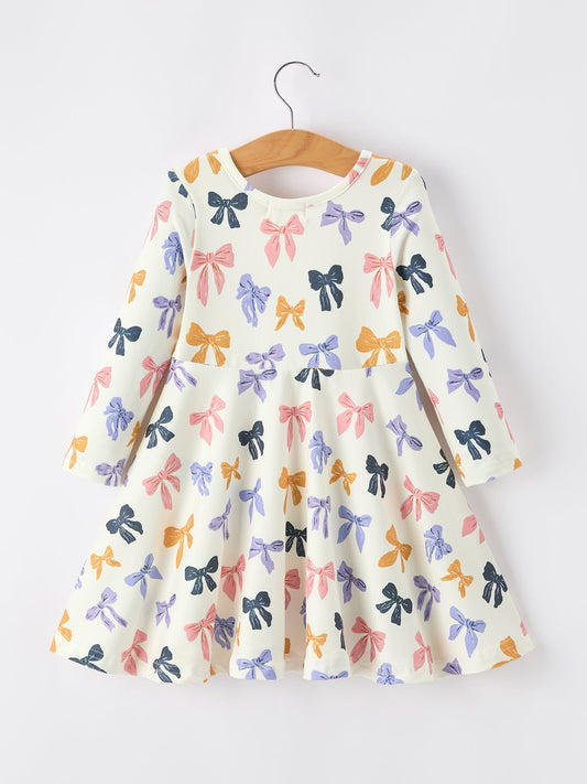 Halloween Bow Girls Dress Long Sleeve Twirl Dress -