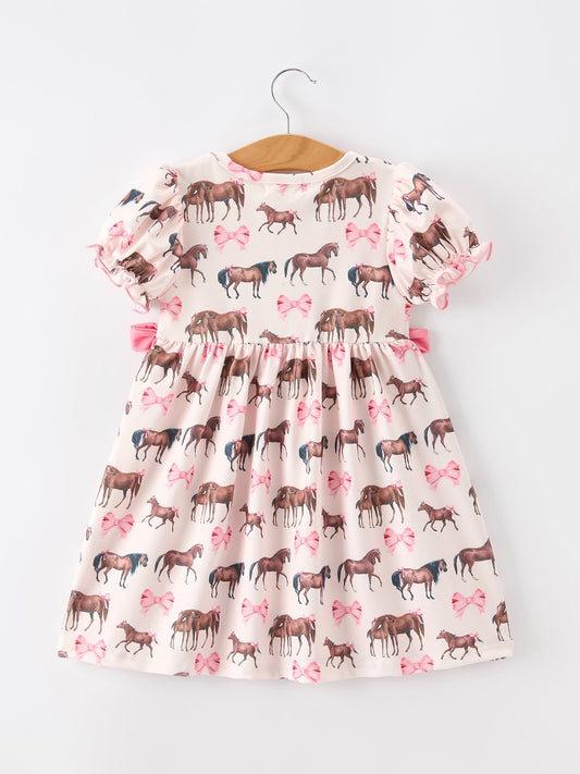 Western Horse Smocked Girls Dress Bow Ruffle Short Sleeve -