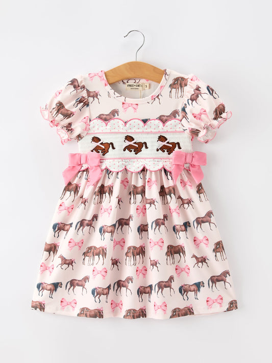 Western Horse Smocked Girls Dress Bow Ruffle Short Sleeve -