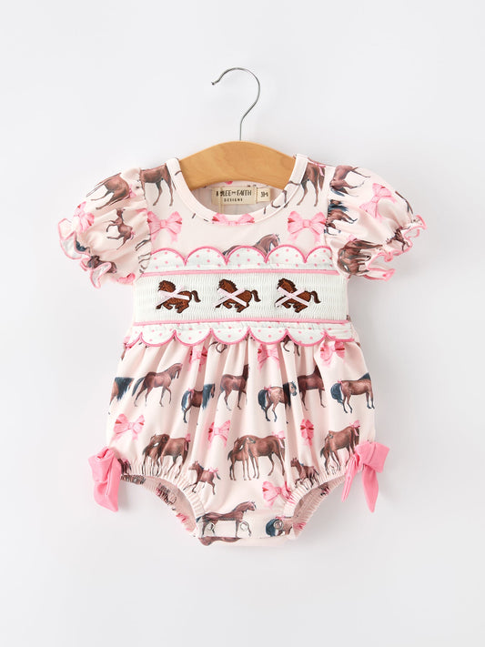 Western Horse Smocked Girls Romper Bow Ruffle Short Sleeve -