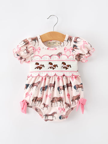 Western Horse Smocked Girls Romper Bow Ruffle Short Sleeve