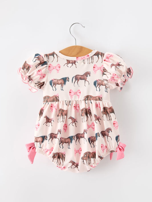 Western Horse Smocked Girls Romper Bow Ruffle Short Sleeve -