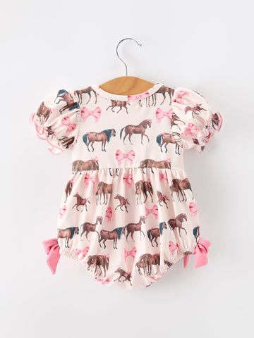 Western Horse Smocked Girls Romper Bow Ruffle Short Sleeve