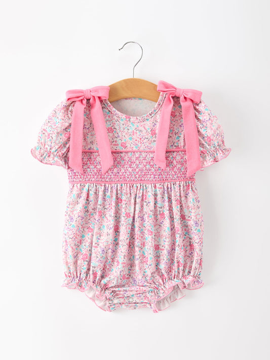 Pink Bow Smocked Floral Baby Bubble -