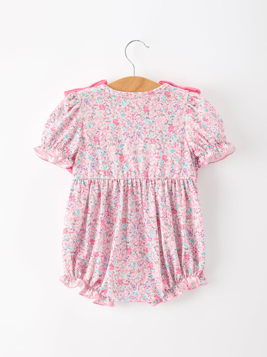 Pink Bow Smocked Floral Baby Bubble -