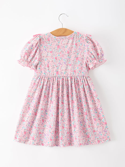 Pink Bow Smocked Floral Girl Dress -