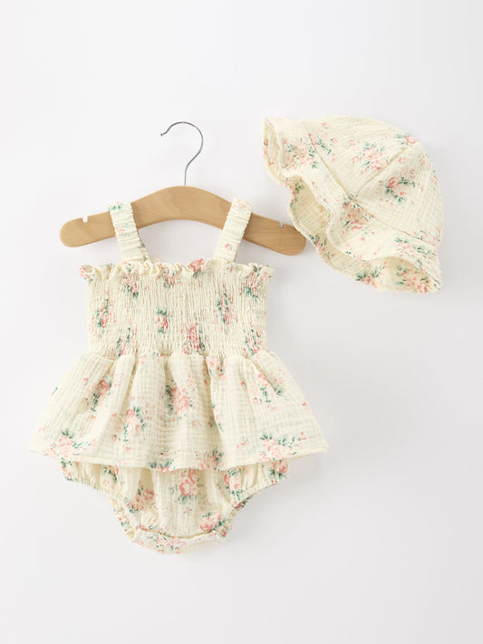 Muslin Summer Floral Print Smocked Baby Girl Romper Set Hat -
