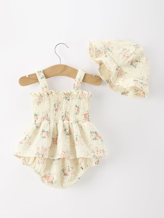 Muslin Summer Floral Print Smocked Baby Girl Romper Set Hat -