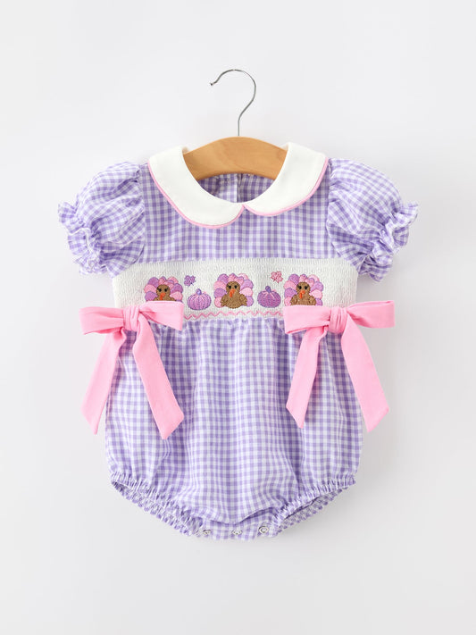 Thanksgiving Turkey Smocked Plaid Bow Girls Bubble Romper -