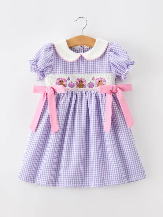 Thanksgiving Turkey Smocked Plaid Bow Girls Dress -