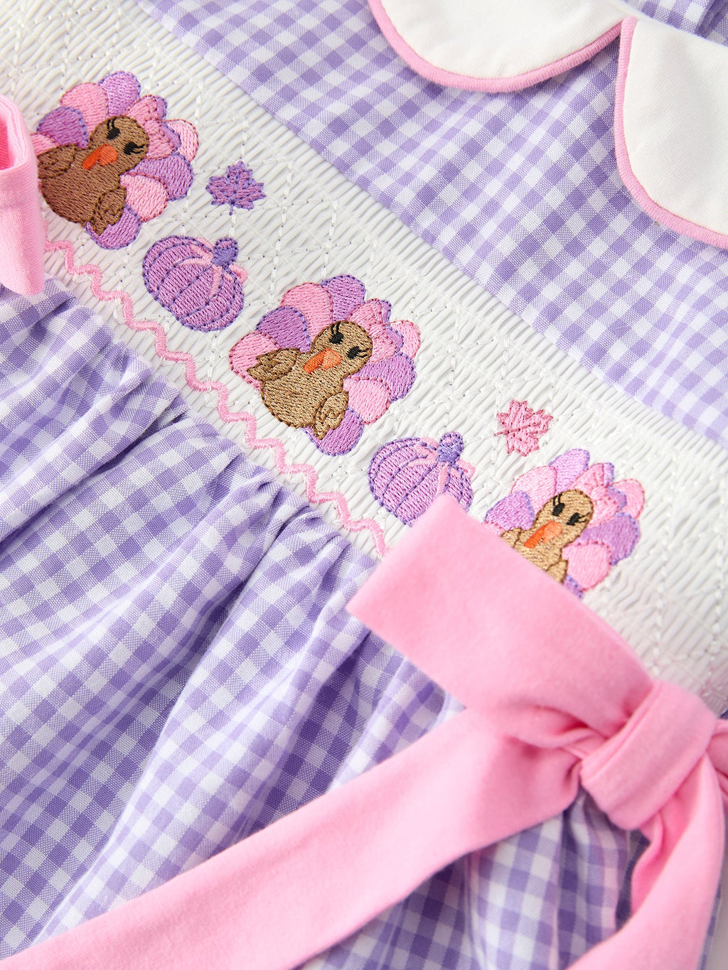 Thanksgiving Turkey Smocked Plaid Bow Girls Bubble Romper -