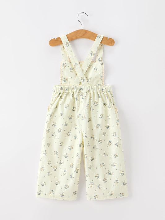 Girls Floral Print Lace Trim Wide Leg Jumpsuit -