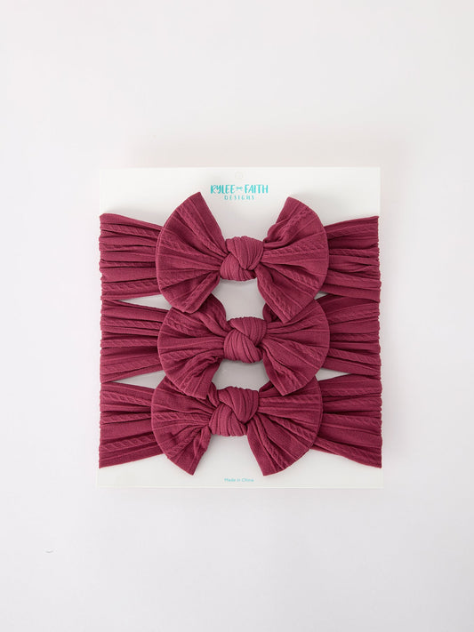 Baby Girl Bow Headband Same Color 3 Piece Set - Burgundy