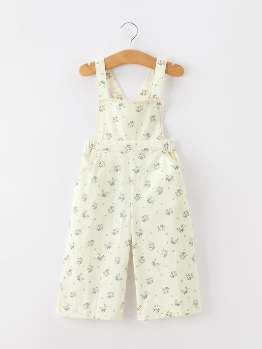 Girls Floral Print Lace Trim Wide Leg Jumpsuit -