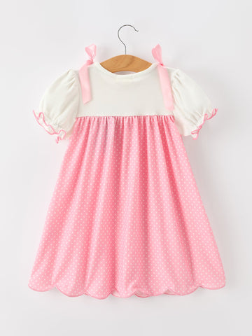 Fall Pink Ballet Embroidery Bow Polka Dot Dress