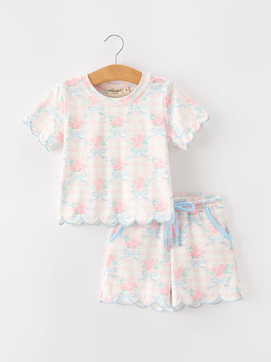 Bow Floral Girl Short Set Scallop Hem -