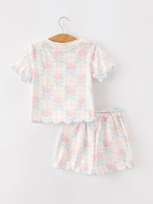 Bow Floral Girl Short Set Scallop Hem -