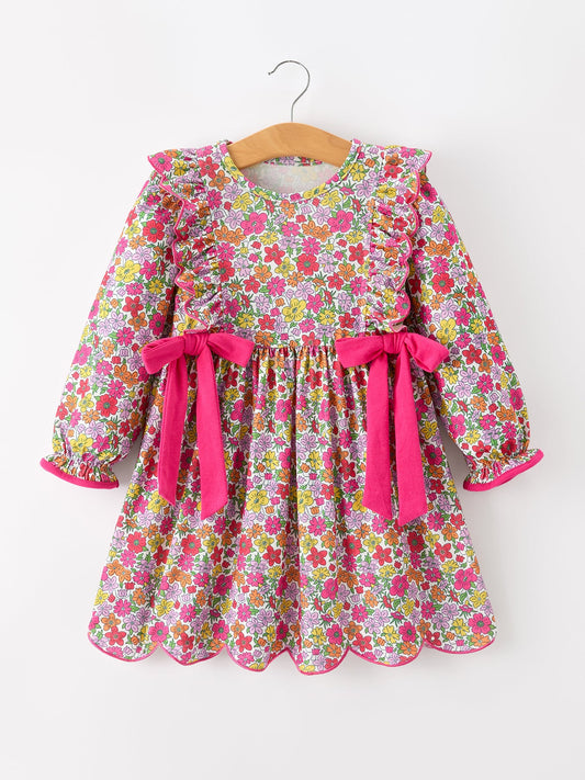 Hot Pink Bow Floral Girl Dress -